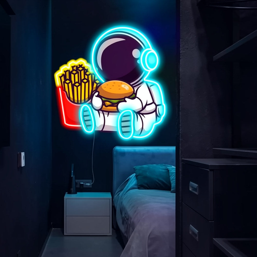 Astronaut Chillin with Burger UV Neon Sign – Brighten Your Space with Cosmic Vibes!