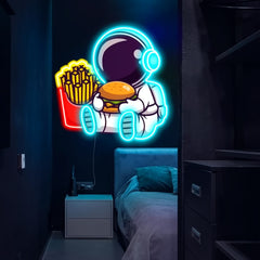 Astronaut Chillin with Burger UV Neon Sign – Brighten Your Space with Cosmic Vibes!