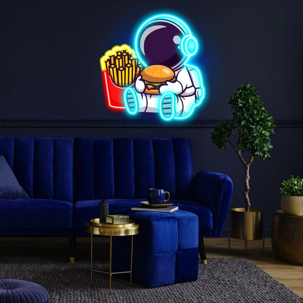 Astronaut Chillin with Burger UV Neon Sign – Brighten Your Space with Cosmic Vibes!